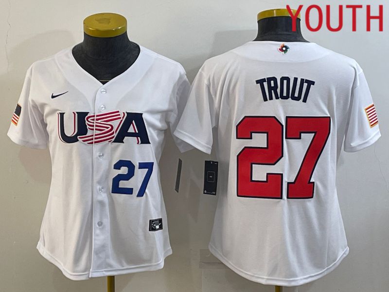 Youth 2023 World Cub USA 27 Trout White MLB Jersey5